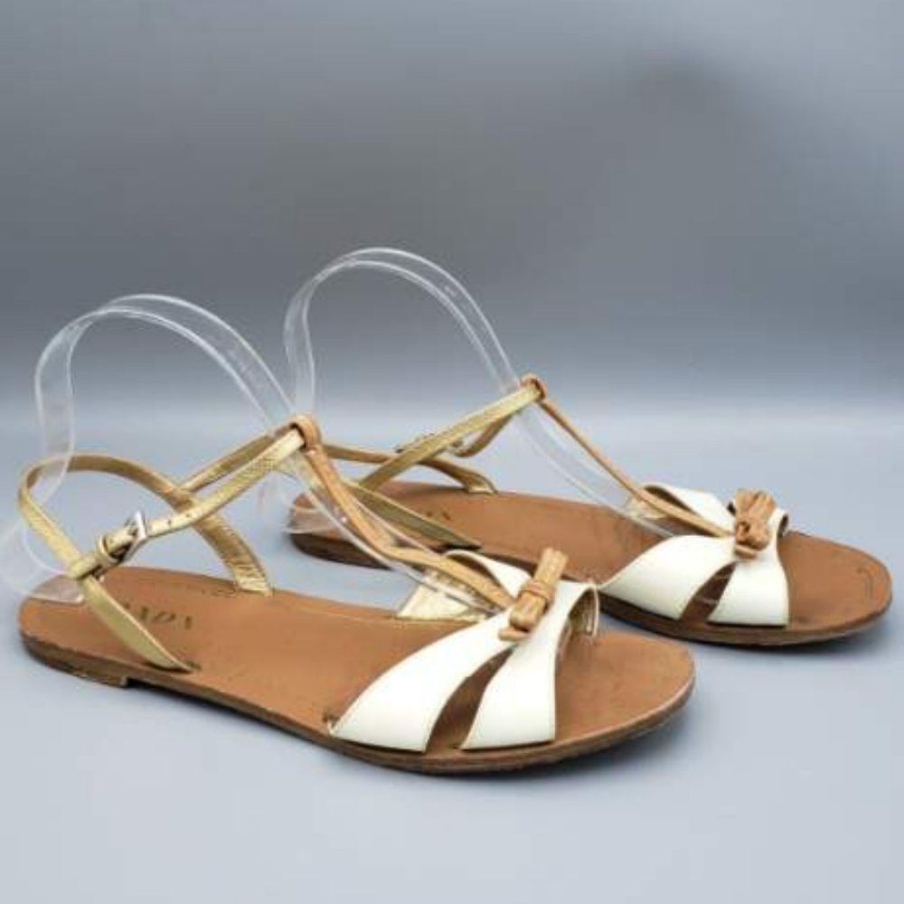 Prada Saffiano Bow Sandals White, Tan & Gold Size 39.5